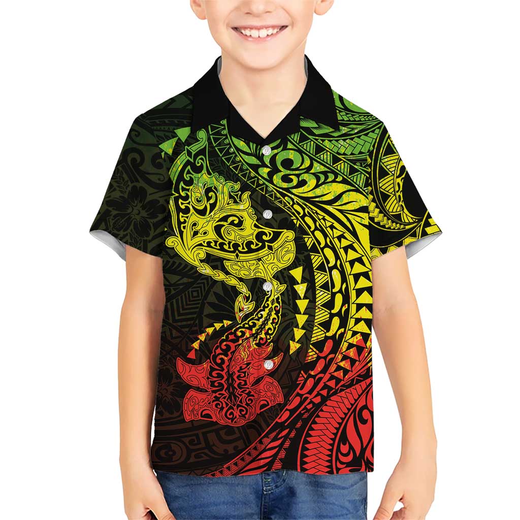 Hawaiian Manta Ray and Hammerhead Shark Tribal Tattoo Family Matching Off Shoulder Short Dress and Hawaiian Shirt with Polynesian Tribal Pattern Reggae Style LT03 Son's Shirt Multicolor - Polynesian Pride
