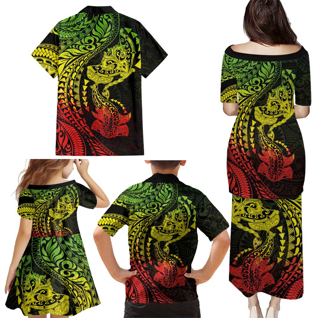 Hawaiian Manta Ray and Hammerhead Shark Tribal Tattoo Family Matching Puletasi and Hawaiian Shirt with Polynesian Tribal Pattern Reggae Style LT03 - Polynesian Pride