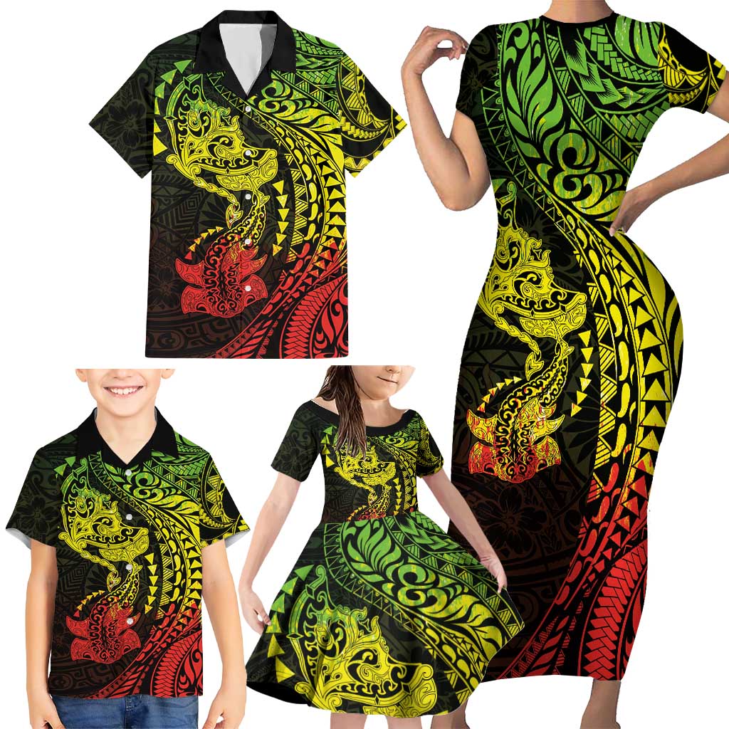 Hawaiian Manta Ray and Hammerhead Shark Tribal Tattoo Family Matching Short Sleeve Bodycon Dress and Hawaiian Shirt with Polynesian Tribal Pattern Reggae Style