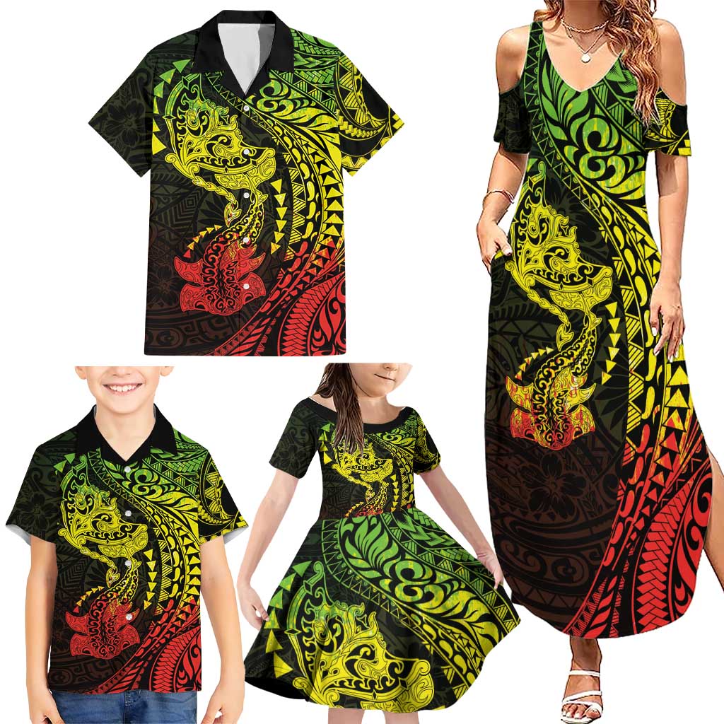 Hawaiian Manta Ray and Hammerhead Shark Tribal Tattoo Family Matching Summer Maxi Dress and Hawaiian Shirt with Polynesian Tribal Pattern Reggae Style LT03 - Polynesian Pride