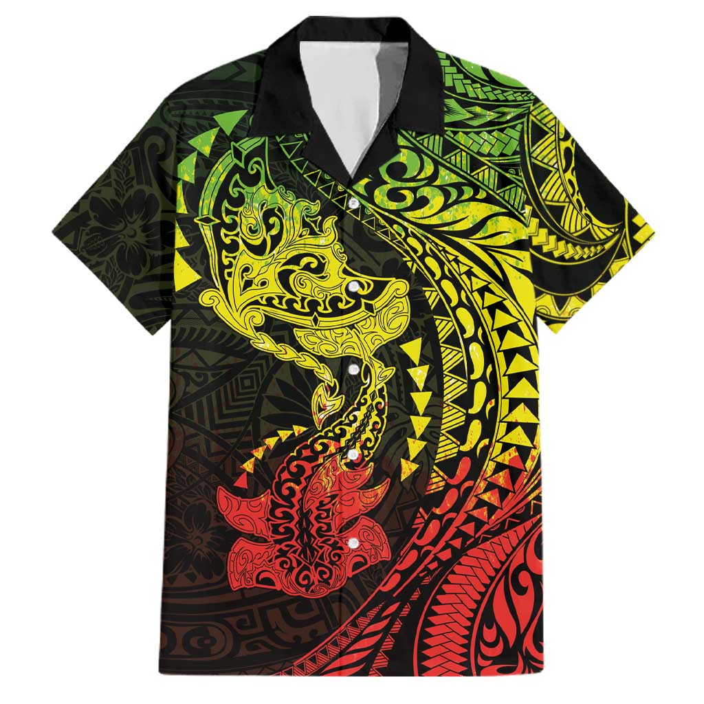 Hawaiian Manta Ray and Hammerhead Shark Tribal Tattoo Family Matching Summer Maxi Dress and Hawaiian Shirt with Polynesian Tribal Pattern Reggae Style LT03 Dad's Shirt - Short Sleeve Multicolor - Polynesian Pride