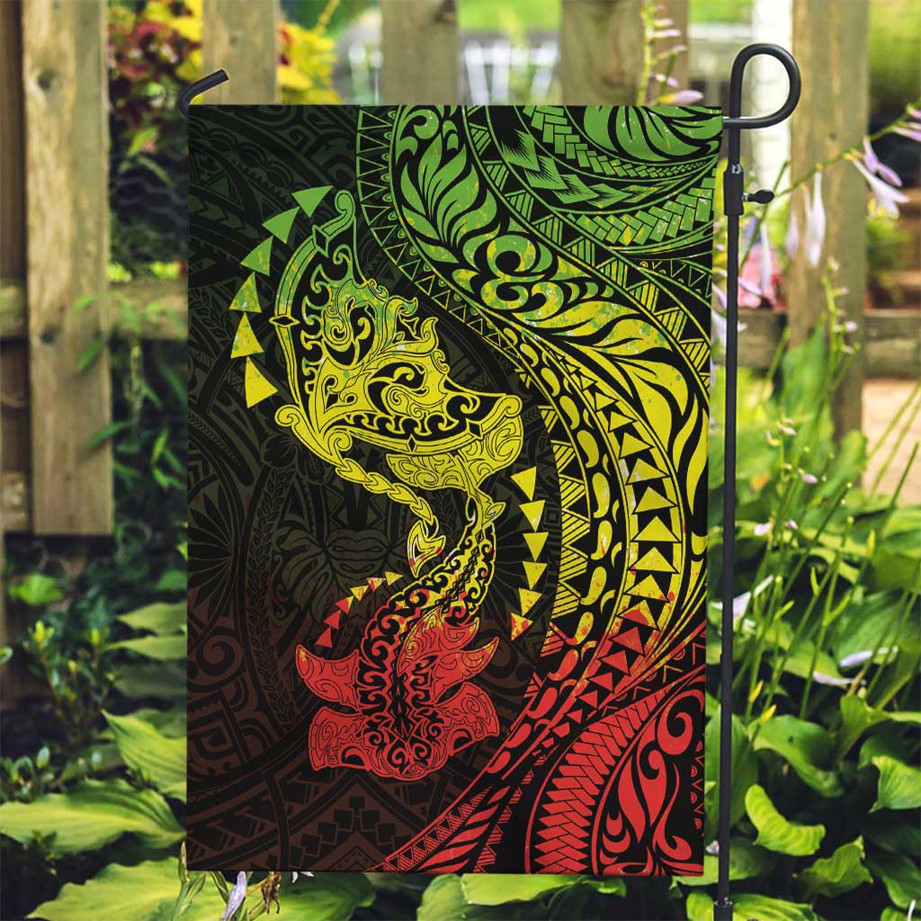 Hawaiian Manta Ray and Hammerhead Shark Tribal Tattoo Garden Flag with Polynesian Tribal Pattern Reggae Style