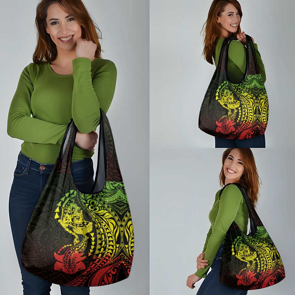 Hawaiian Manta Ray and Hammerhead Shark Tribal Tattoo Grocery Bag with Polynesian Tribal Pattern Reggae Style