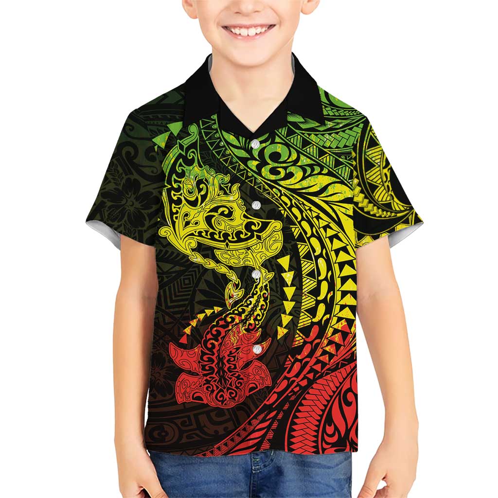 Hawaiian Manta Ray and Hammerhead Shark Tribal Tattoo Hawaiian Shirt with Polynesian Tribal Pattern Reggae Style
