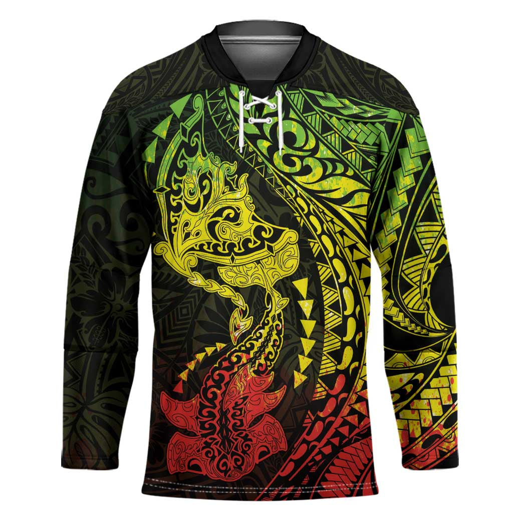 Hawaiian Manta Ray and Hammerhead Shark Tribal Tattoo Hockey Jersey with Polynesian Tribal Pattern Reggae Style