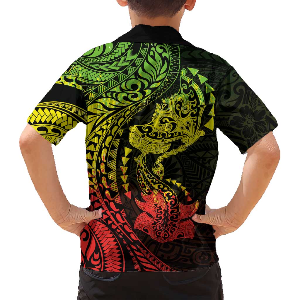 Hawaiian Manta Ray and Hammerhead Shark Tribal Tattoo Kid Hawaiian Shirt with Polynesian Tribal Pattern Reggae Style