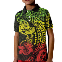 Hawaiian Manta Ray and Hammerhead Shark Tribal Tattoo Kid Polo Shirt with Polynesian Tribal Pattern Reggae Style