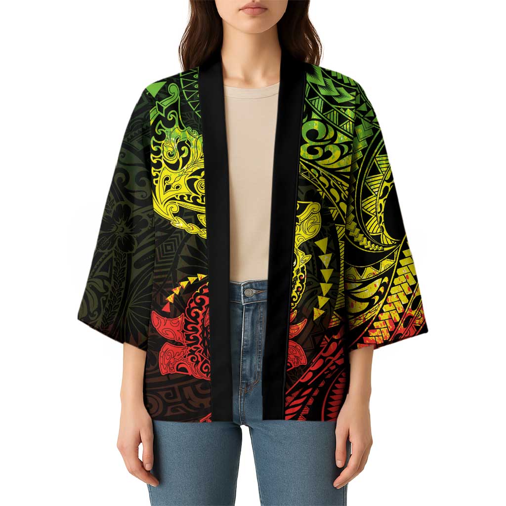 Hawaiian Manta Ray and Hammerhead Shark Tribal Tattoo Kimono with Polynesian Tribal Pattern Reggae Style