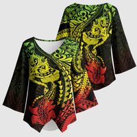 Hawaiian Manta Ray and Hammerhead Shark Tribal Tattoo Kimono Sleeve Blouse with Polynesian Tribal Pattern Reggae Style