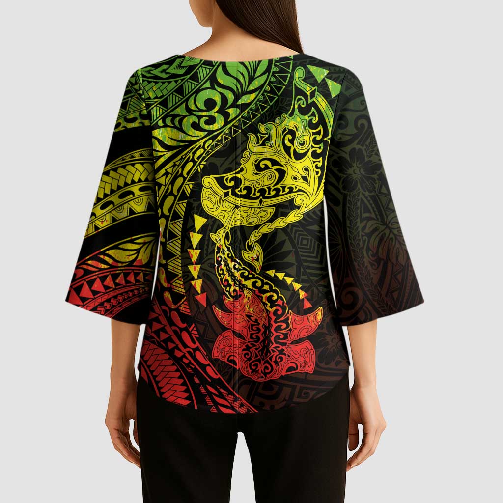 Hawaiian Manta Ray and Hammerhead Shark Tribal Tattoo Kimono Sleeve Blouse with Polynesian Tribal Pattern Reggae Style