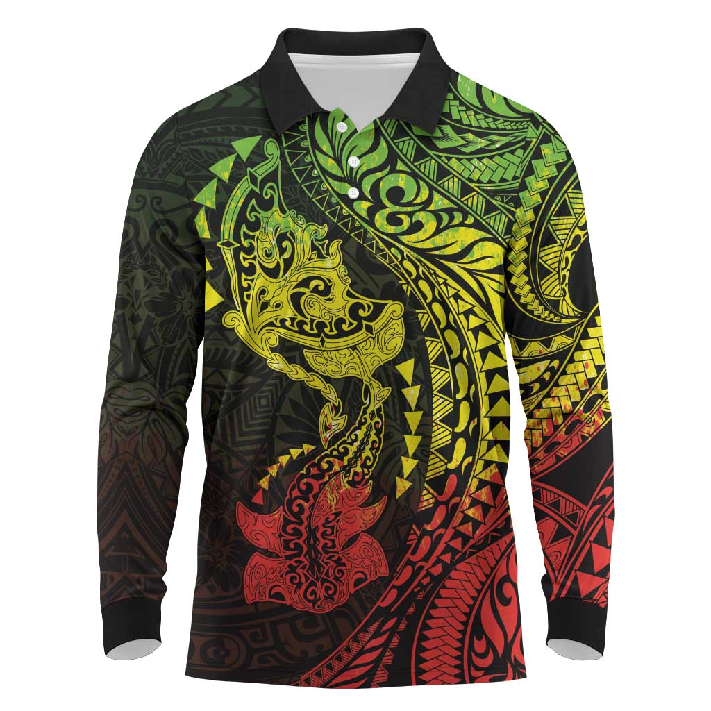 Hawaiian Manta Ray and Hammerhead Shark Tribal Tattoo Long Sleeve Polo Shirt with Polynesian Tribal Pattern Reggae Style