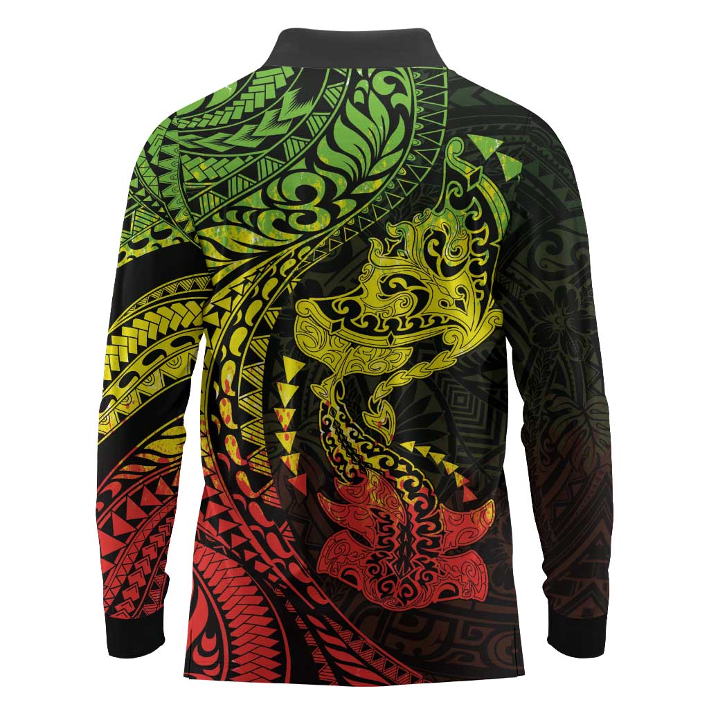 Hawaiian Manta Ray and Hammerhead Shark Tribal Tattoo Long Sleeve Polo Shirt with Polynesian Tribal Pattern Reggae Style