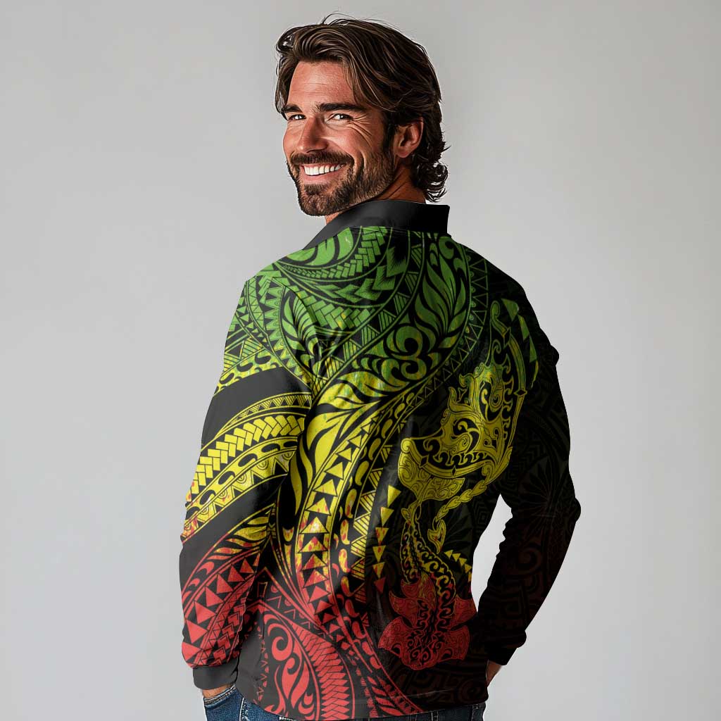 Hawaiian Manta Ray and Hammerhead Shark Tribal Tattoo Long Sleeve Polo Shirt with Polynesian Tribal Pattern Reggae Style