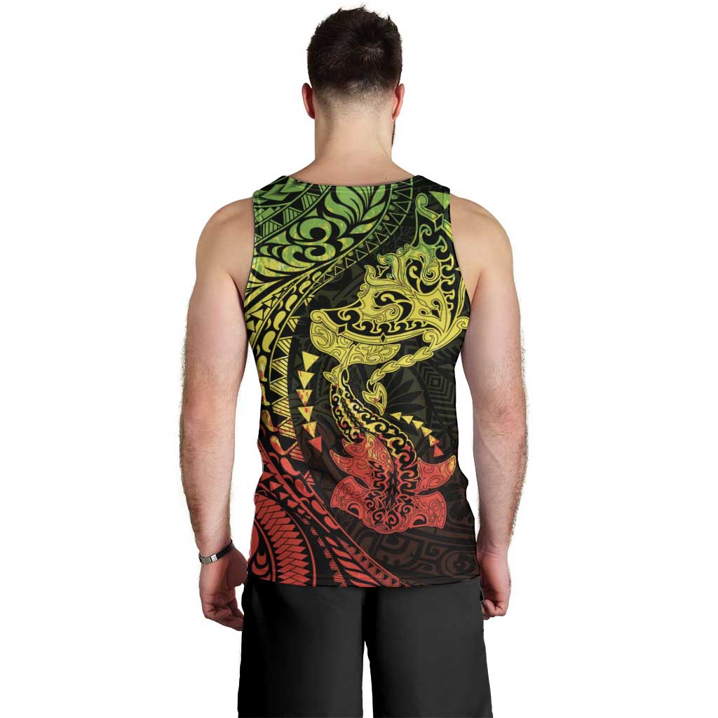 Hawaiian Manta Ray and Hammerhead Shark Tribal Tattoo Men Tank Top with Polynesian Tribal Pattern Reggae Style