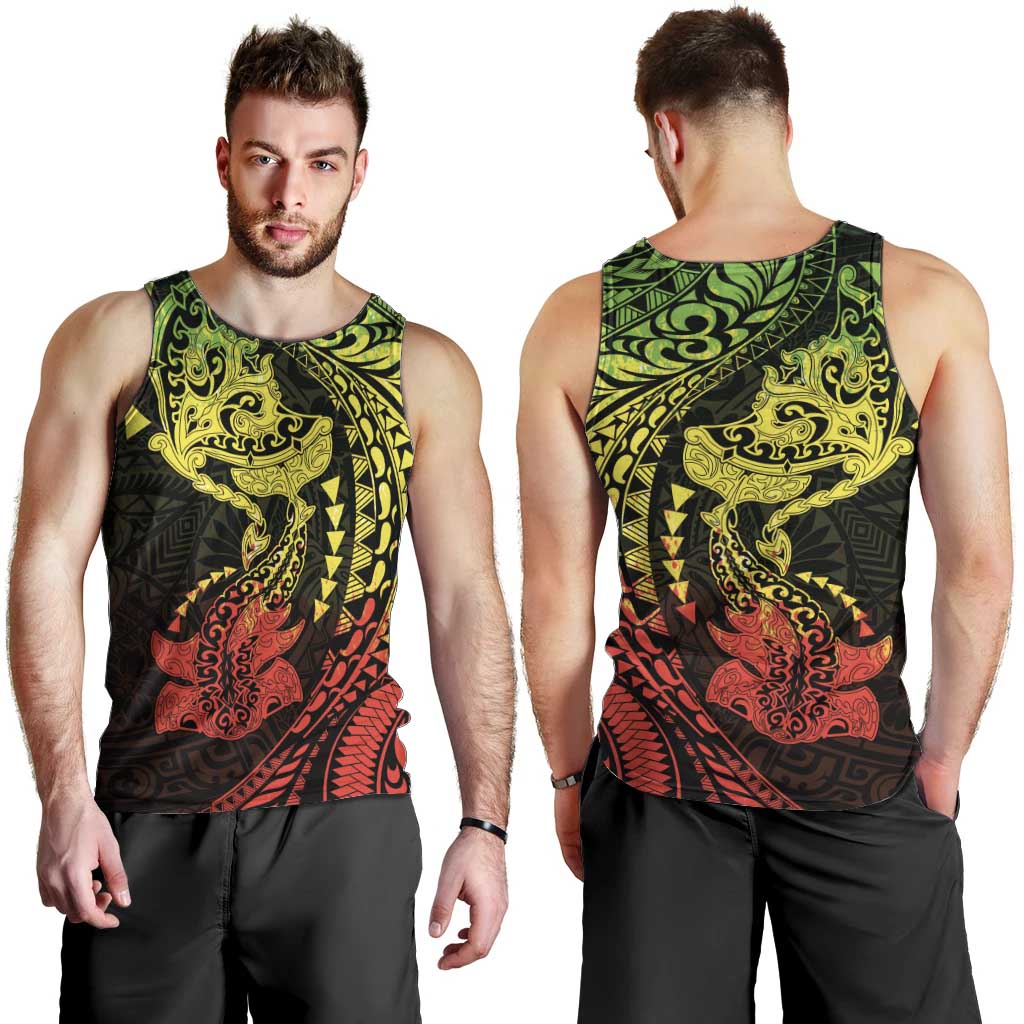 Hawaiian Manta Ray and Hammerhead Shark Tribal Tattoo Men Tank Top with Polynesian Tribal Pattern Reggae Style
