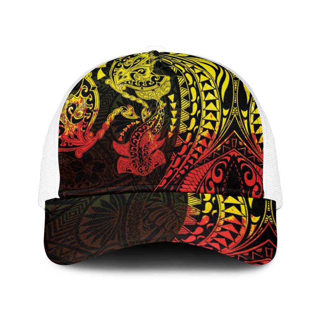 Hawaiian Manta Ray and Hammerhead Shark Tribal Tattoo Mesh Trucker Cap with Polynesian Tribal Pattern Reggae Style