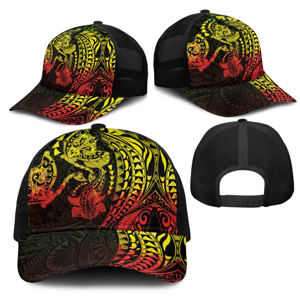 Hawaiian Manta Ray and Hammerhead Shark Tribal Tattoo Mesh Trucker Cap with Polynesian Tribal Pattern Reggae Style