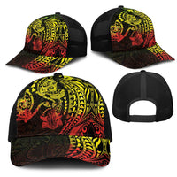Hawaiian Manta Ray and Hammerhead Shark Tribal Tattoo Mesh Trucker Cap with Polynesian Tribal Pattern Reggae Style