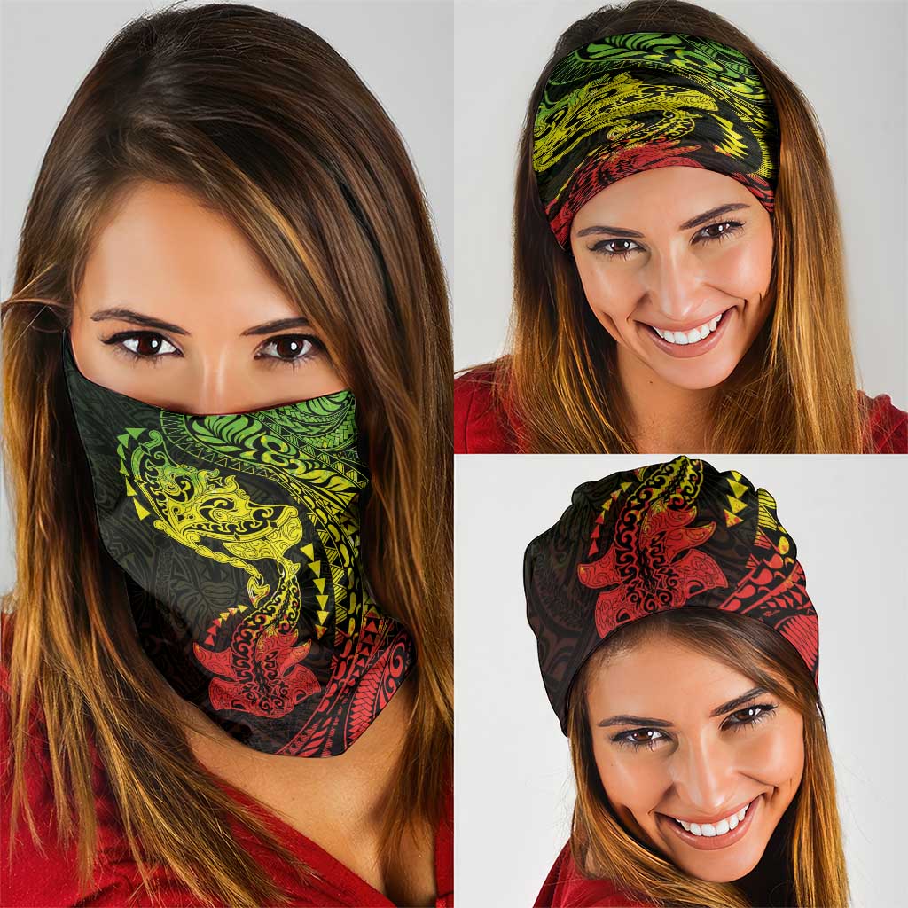 Hawaiian Manta Ray and Hammerhead Shark Tribal Tattoo Neck Gaiter with Polynesian Tribal Pattern Reggae Style