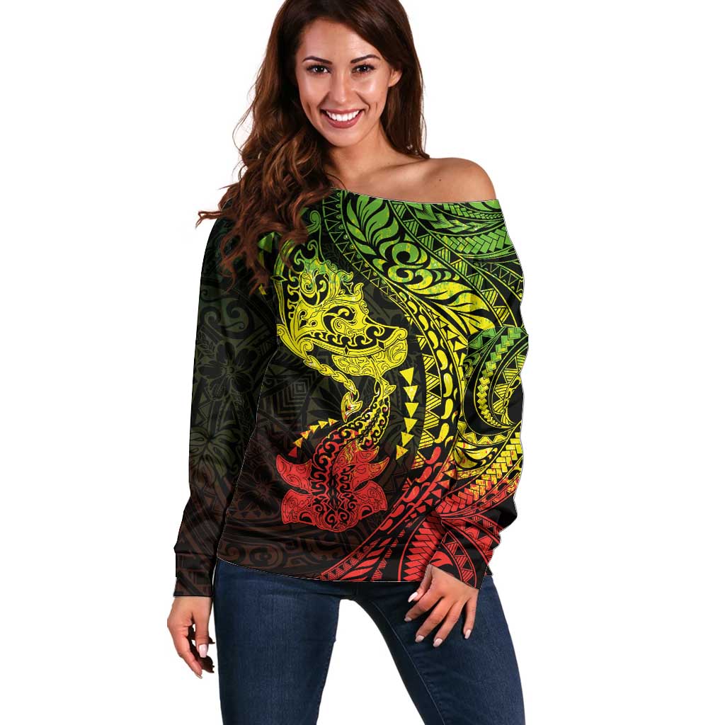 Hawaiian Manta Ray and Hammerhead Shark Tribal Tattoo Off Shoulder Sweater with Polynesian Tribal Pattern Reggae Style
