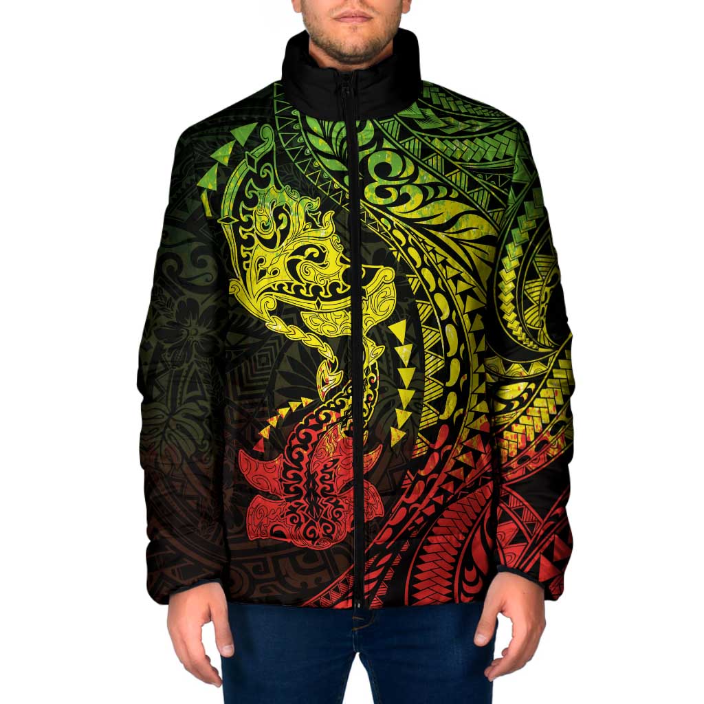Hawaiian Manta Ray and Hammerhead Shark Tribal Tattoo Padded Jacket with Polynesian Tribal Pattern Reggae Style