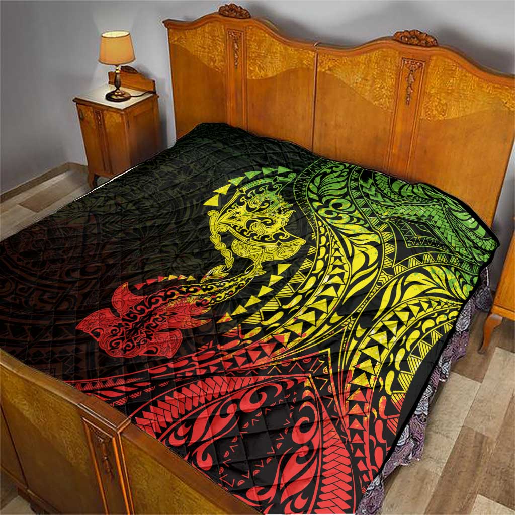 Hawaiian Manta Ray and Hammerhead Shark Tribal Tattoo Quilt with Polynesian Tribal Pattern Reggae Style