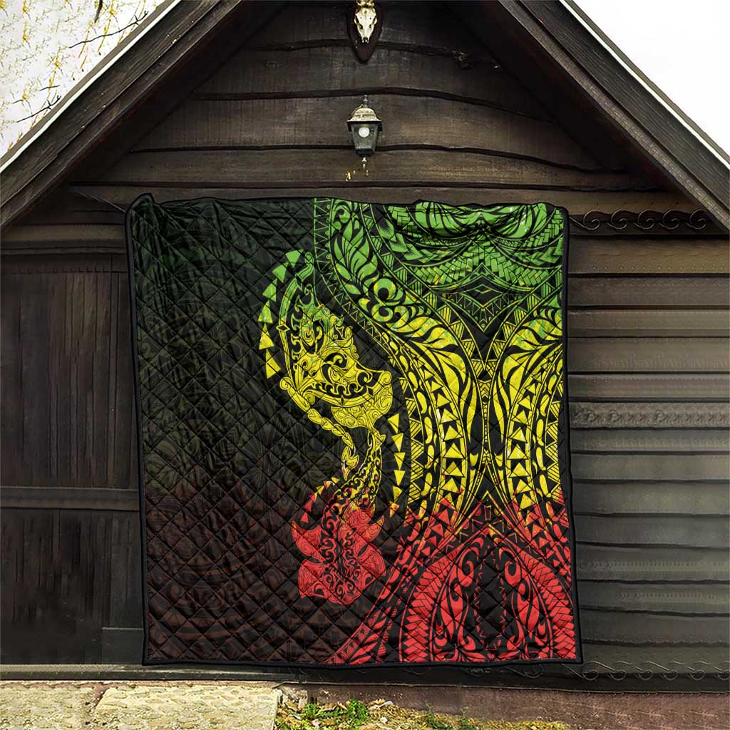 Hawaiian Manta Ray and Hammerhead Shark Tribal Tattoo Quilt with Polynesian Tribal Pattern Reggae Style