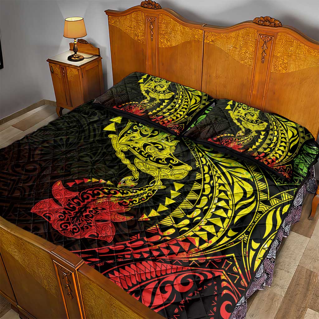 Hawaiian Manta Ray and Hammerhead Shark Tribal Tattoo Quilt Bed Set with Polynesian Tribal Pattern Reggae Style