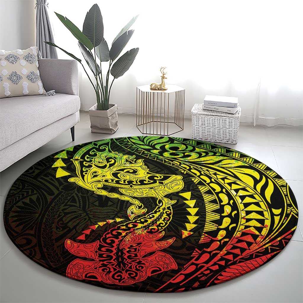 Hawaiian Manta Ray and Hammerhead Shark Tribal Tattoo Round Carpet with Polynesian Tribal Pattern Reggae Style