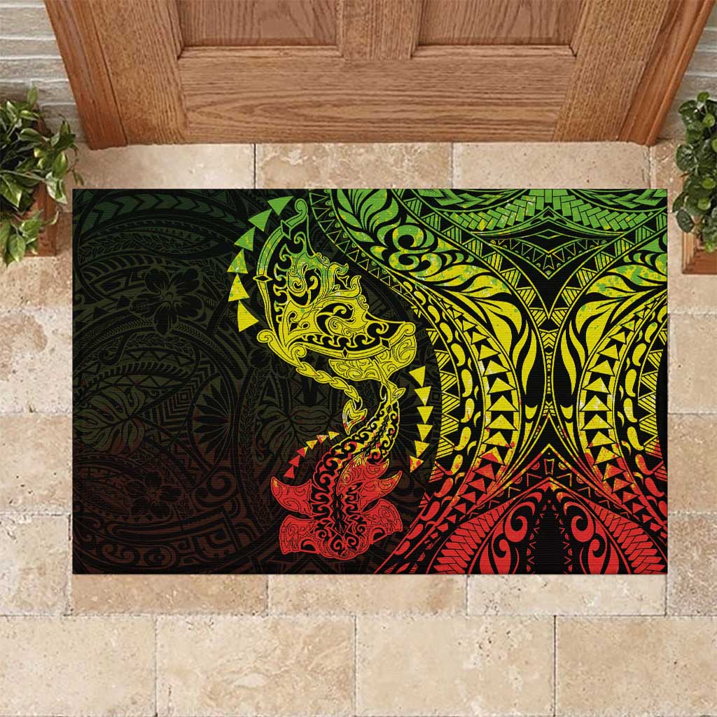 Hawaiian Manta Ray and Hammerhead Shark Tribal Tattoo Rubber Doormat with Polynesian Tribal Pattern Reggae Style