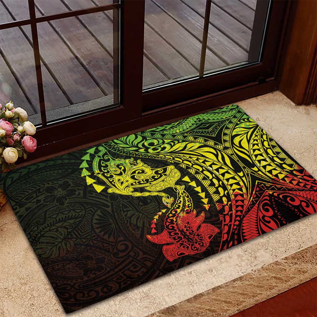 Hawaiian Manta Ray and Hammerhead Shark Tribal Tattoo Rubber Doormat with Polynesian Tribal Pattern Reggae Style