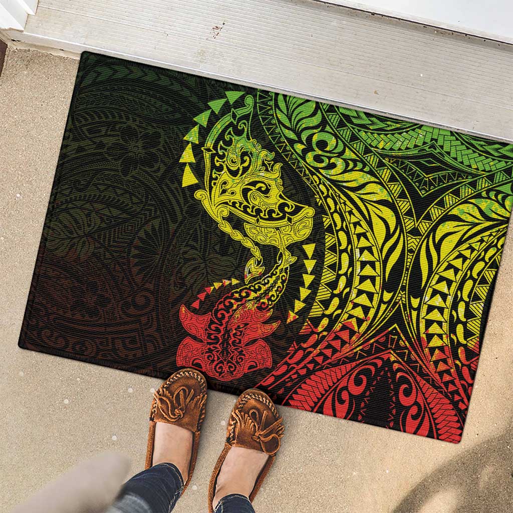 Hawaiian Manta Ray and Hammerhead Shark Tribal Tattoo Rubber Doormat with Polynesian Tribal Pattern Reggae Style
