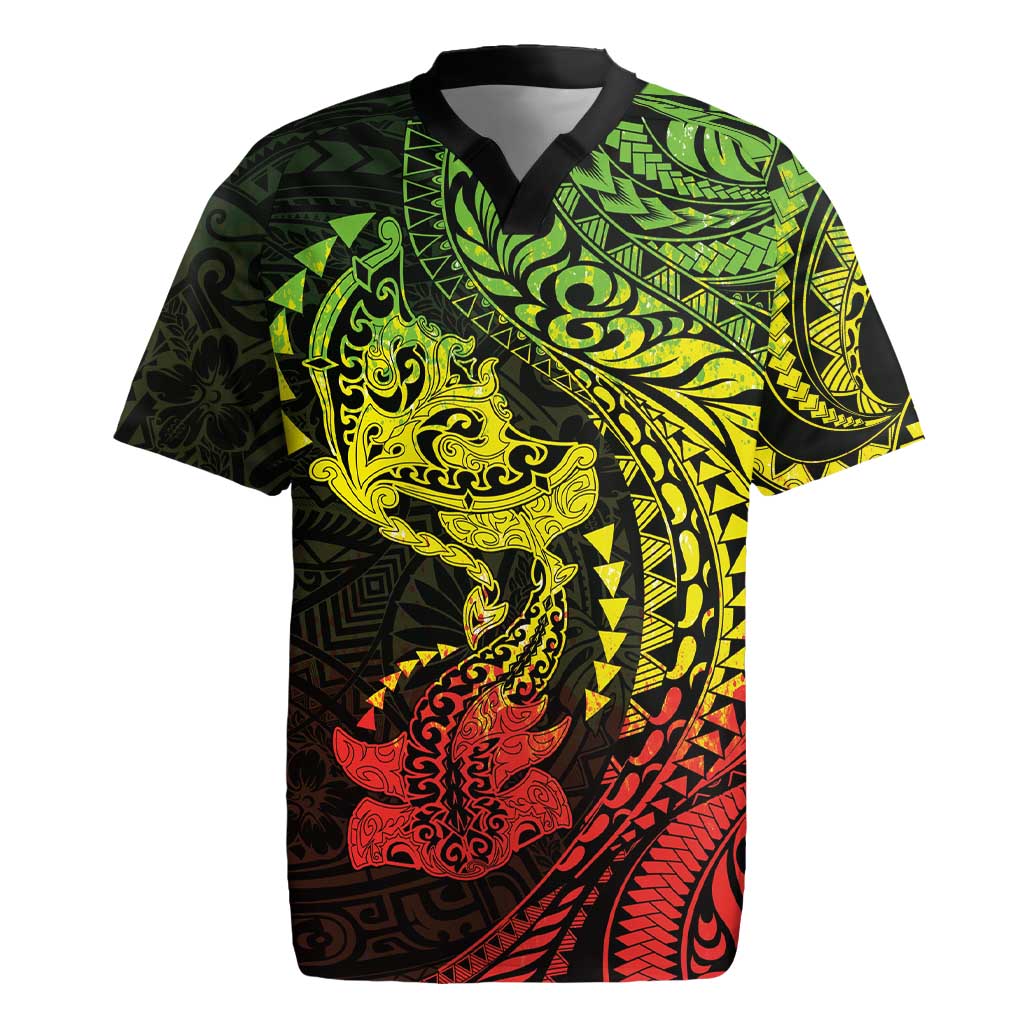 Hawaiian Manta Ray and Hammerhead Shark Tribal Tattoo Rugby Jersey with Polynesian Tribal Pattern Reggae Style