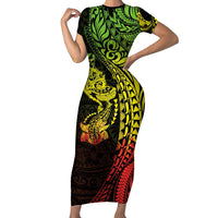 Hawaiian Manta Ray and Hammerhead Shark Tribal Tattoo Short Sleeve Bodycon Dress with Polynesian Tribal Pattern Reggae Style