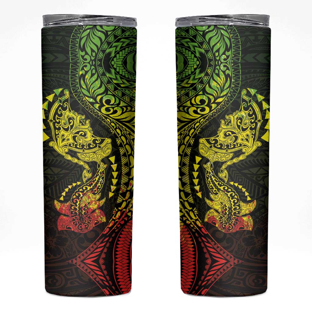 Hawaiian Manta Ray and Hammerhead Shark Tribal Tattoo Skinny Tumbler with Polynesian Tribal Pattern Reggae Style LT03 Multicolor - Polynesian Pride