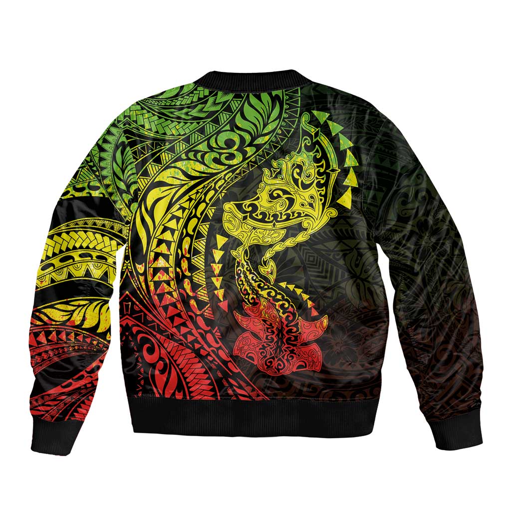 Hawaiian Manta Ray and Hammerhead Shark Tribal Tattoo Sleeve Zip Bomber Jacket with Polynesian Tribal Pattern Reggae Style
