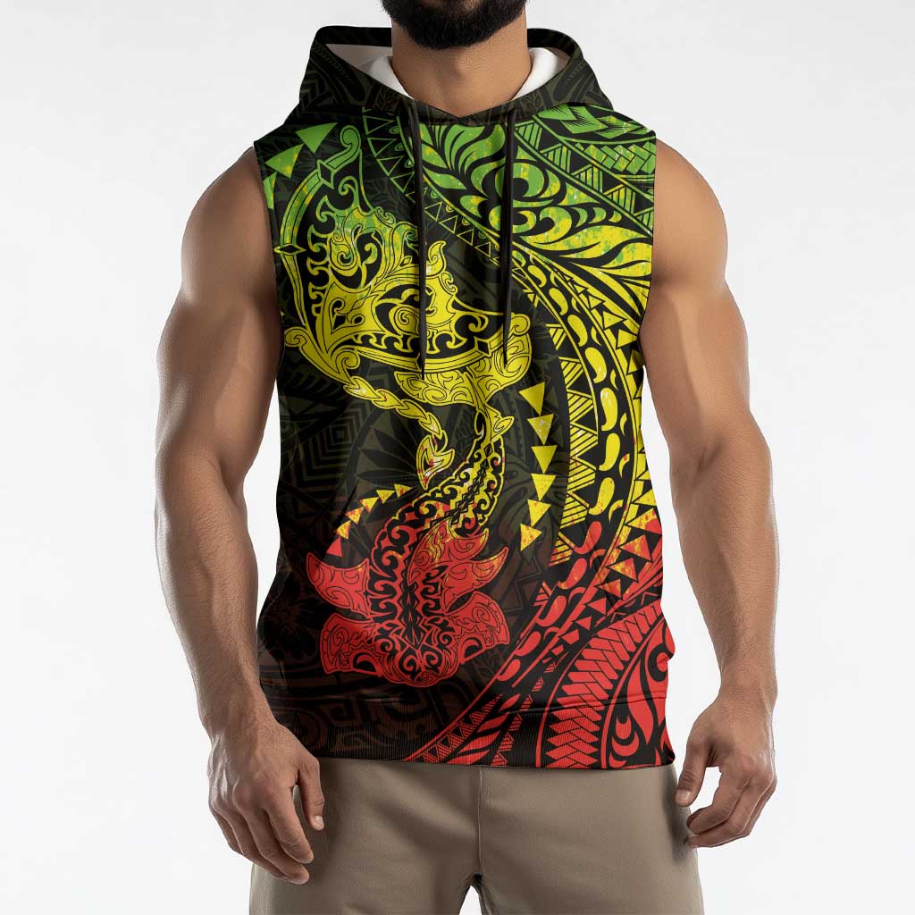 Hawaiian Manta Ray and Hammerhead Shark Tribal Tattoo Sleeveless Hoodie with Polynesian Tribal Pattern Reggae Style