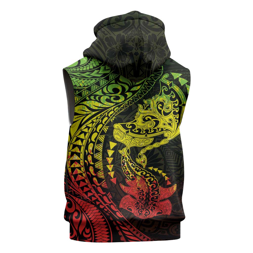 Hawaiian Manta Ray and Hammerhead Shark Tribal Tattoo Sleeveless Zip Hoodie with Polynesian Tribal Pattern Reggae Style
