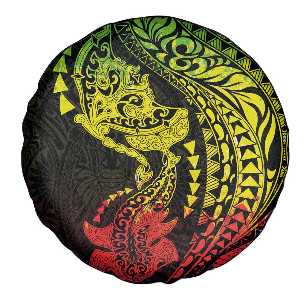 Hawaiian Manta Ray and Hammerhead Shark Tribal Tattoo Spare Tire Cover with Polynesian Tribal Pattern Reggae Style