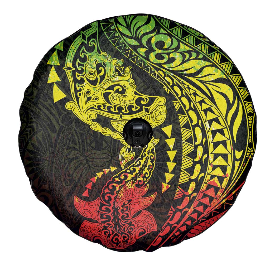 Hawaiian Manta Ray and Hammerhead Shark Tribal Tattoo Spare Tire Cover with Polynesian Tribal Pattern Reggae Style
