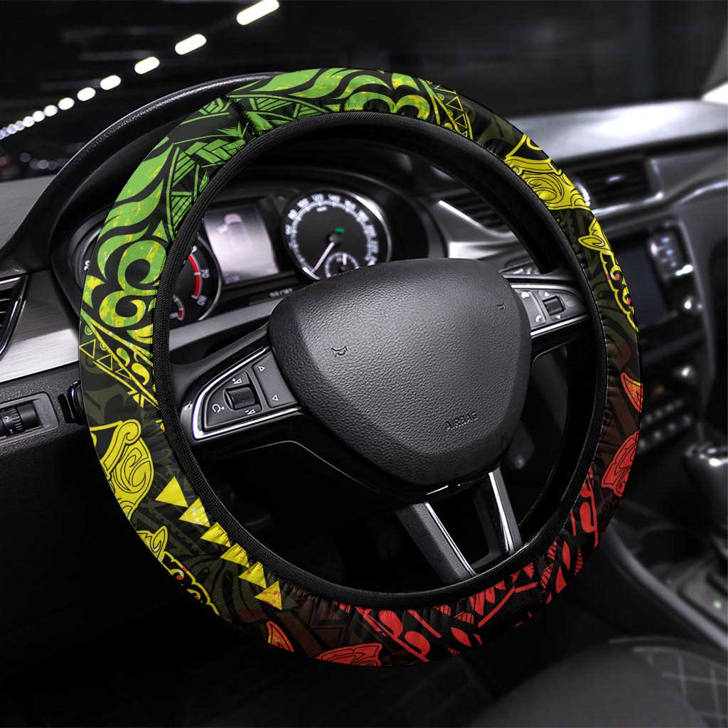 Hawaiian Manta Ray and Hammerhead Shark Tribal Tattoo Steering Wheel Cover with Polynesian Tribal Pattern Reggae Style