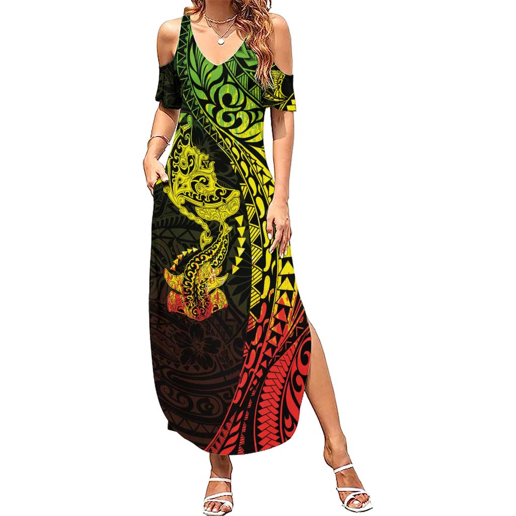 Hawaiian Manta Ray and Hammerhead Shark Tribal Tattoo Summer Maxi Dress with Polynesian Tribal Pattern Reggae Style