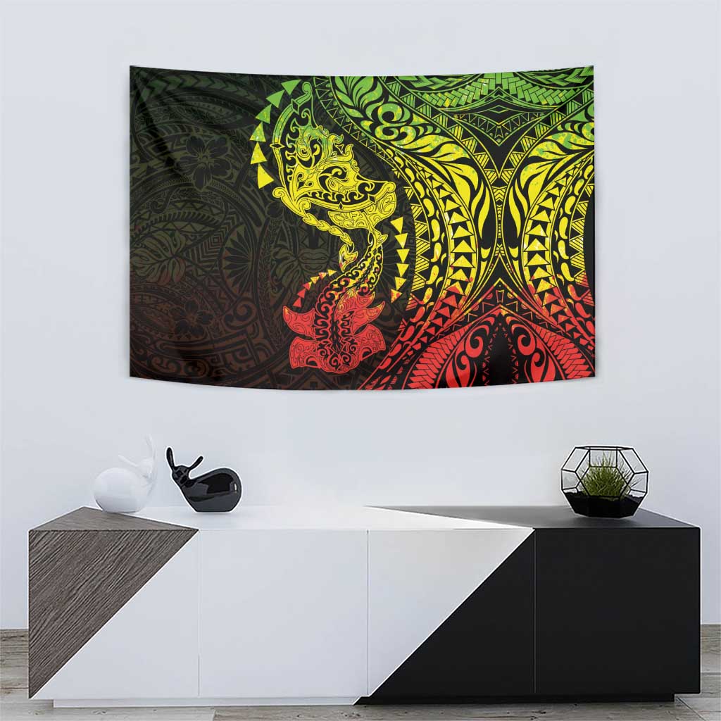 Hawaiian Manta Ray and Hammerhead Shark Tribal Tattoo Tapestry with Polynesian Tribal Pattern Reggae Style