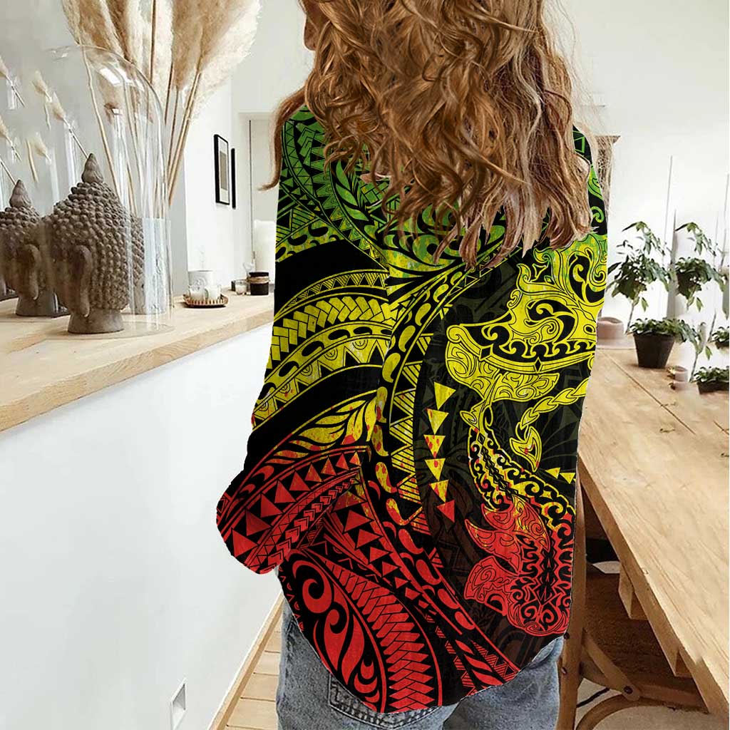 Hawaiian Manta Ray and Hammerhead Shark Tribal Tattoo Women Casual Shirt with Polynesian Tribal Pattern Reggae Style LT03 - Polynesian Pride