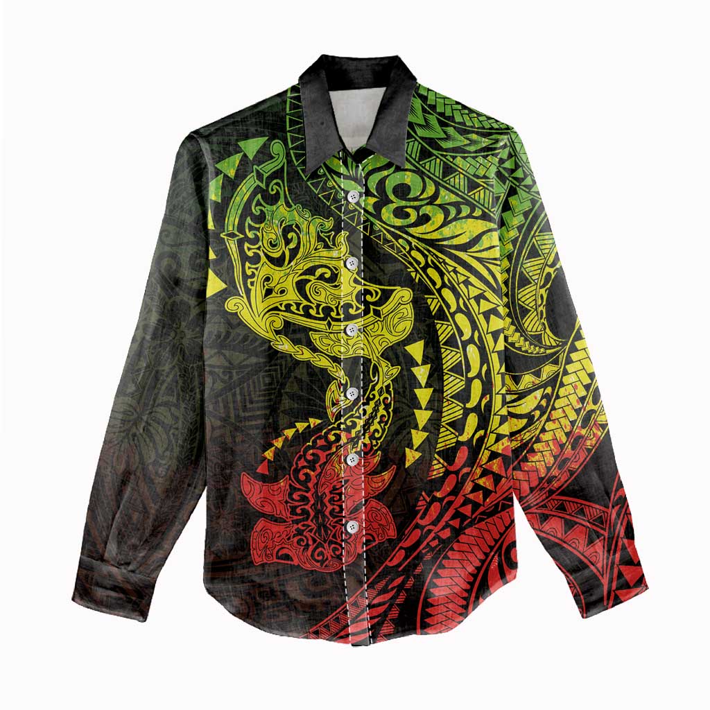Hawaiian Manta Ray and Hammerhead Shark Tribal Tattoo Women Casual Shirt with Polynesian Tribal Pattern Reggae Style LT03 - Polynesian Pride