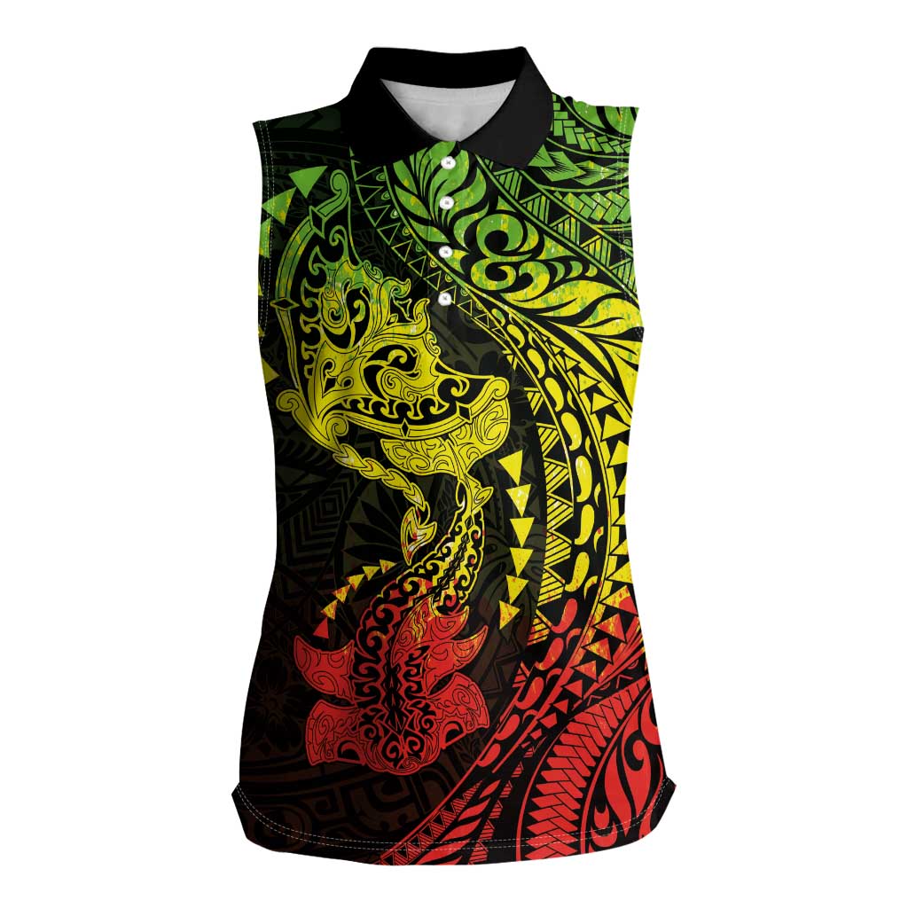 Hawaiian Manta Ray and Hammerhead Shark Tribal Tattoo Women Sleeveless Polo Shirt with Polynesian Tribal Pattern Reggae Style