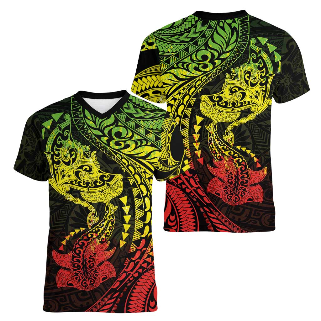 Hawaiian Manta Ray and Hammerhead Shark Tribal Tattoo Women V-Neck T-Shirt with Polynesian Tribal Pattern Reggae Style LT03 - Polynesian Pride