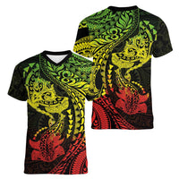 Hawaiian Manta Ray and Hammerhead Shark Tribal Tattoo Women V-Neck T-Shirt with Polynesian Tribal Pattern Reggae Style LT03 - Polynesian Pride