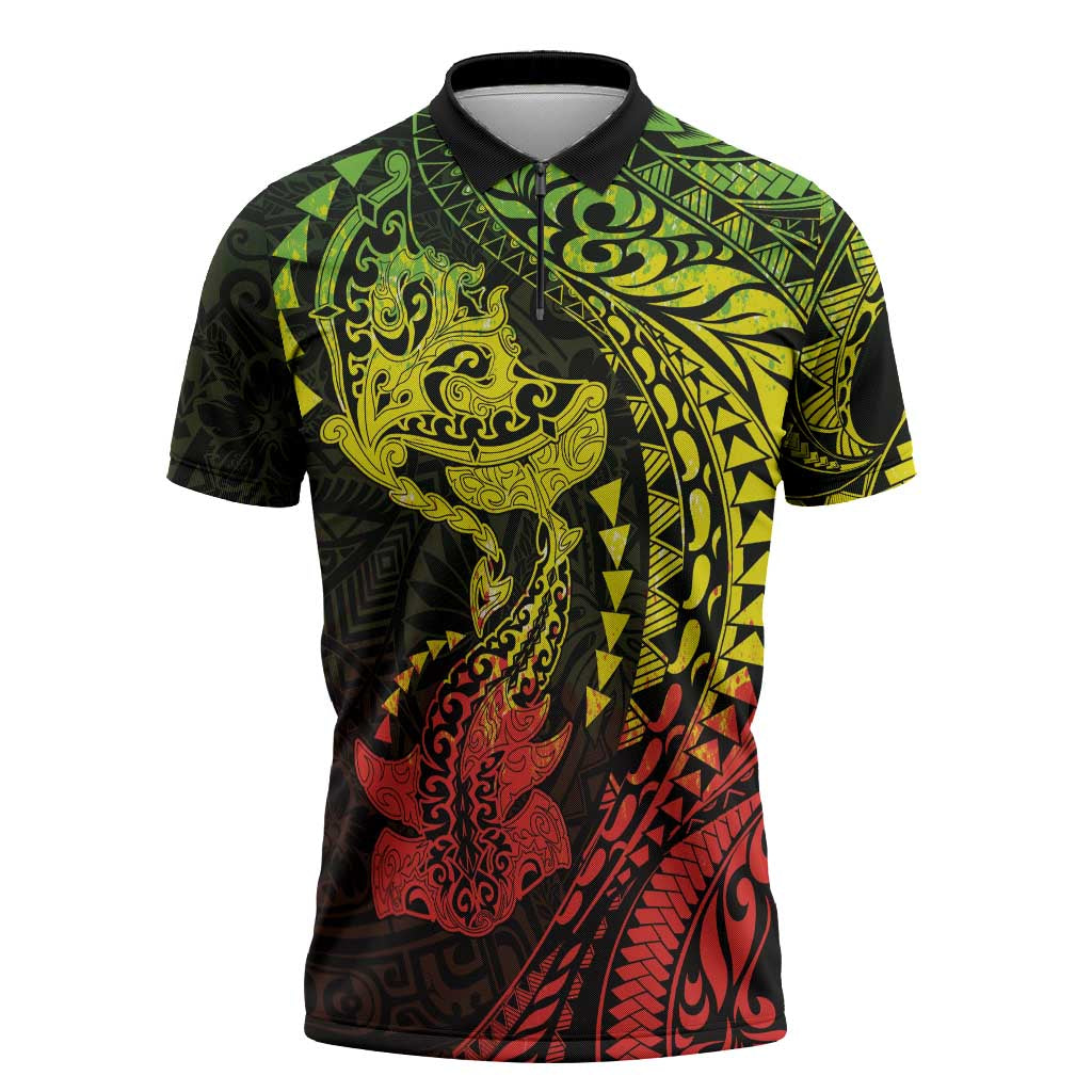 Hawaiian Manta Ray and Hammerhead Shark Tribal Tattoo Zipper Polo Shirt with Polynesian Tribal Pattern Reggae Style