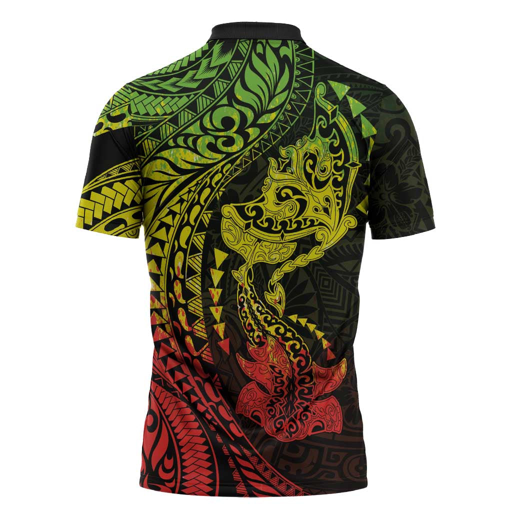 Hawaiian Manta Ray and Hammerhead Shark Tribal Tattoo Zipper Polo Shirt with Polynesian Tribal Pattern Reggae Style